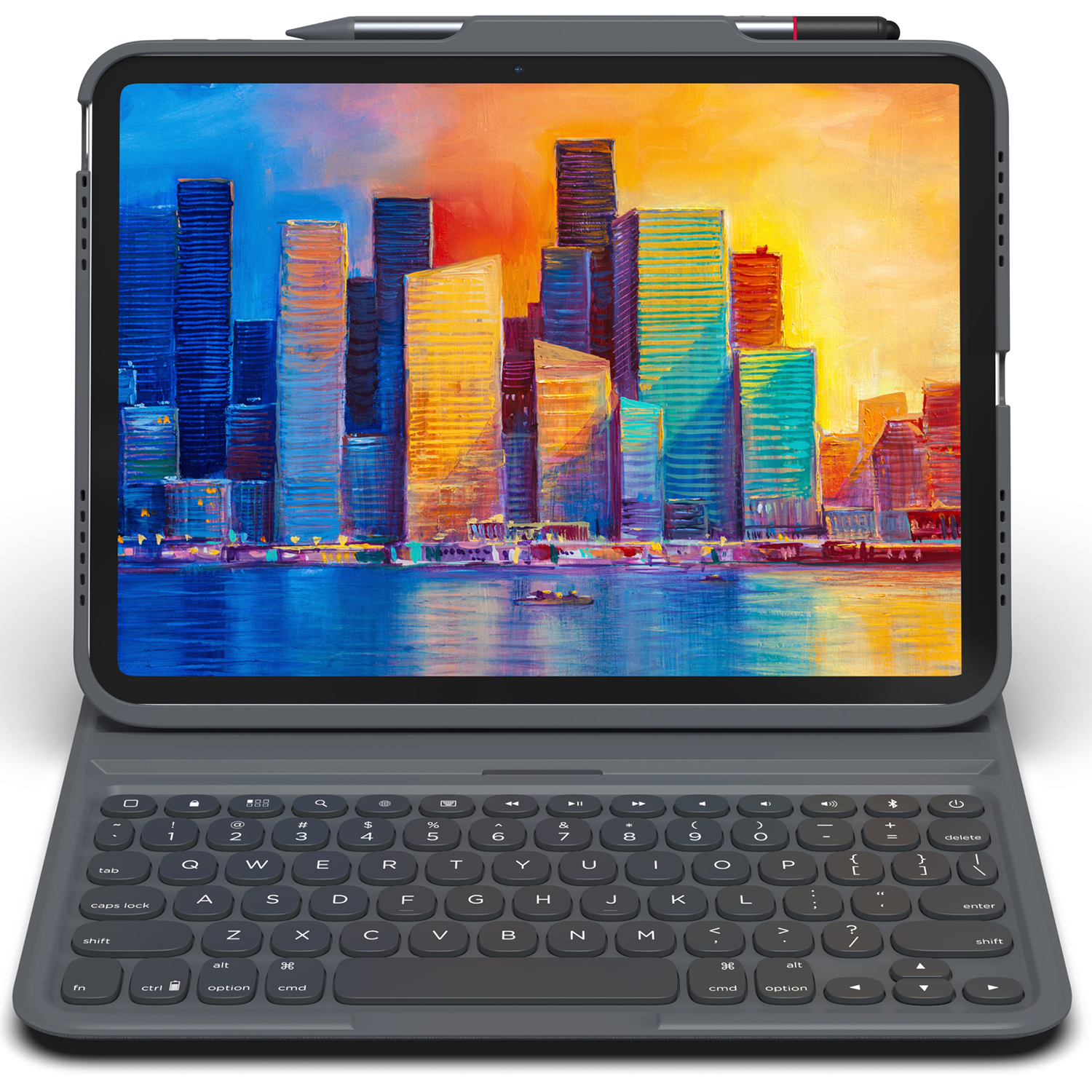 Tablet on a keyboard case, with a city painting on screen.