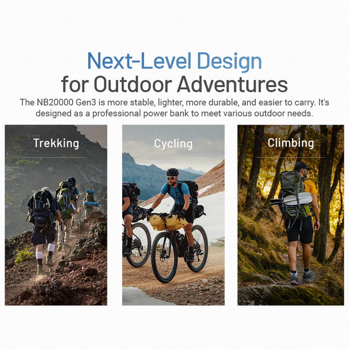 Afbeelding met wandelen, fietsen en klimmen. Tekst: 'Next-Level Design'.