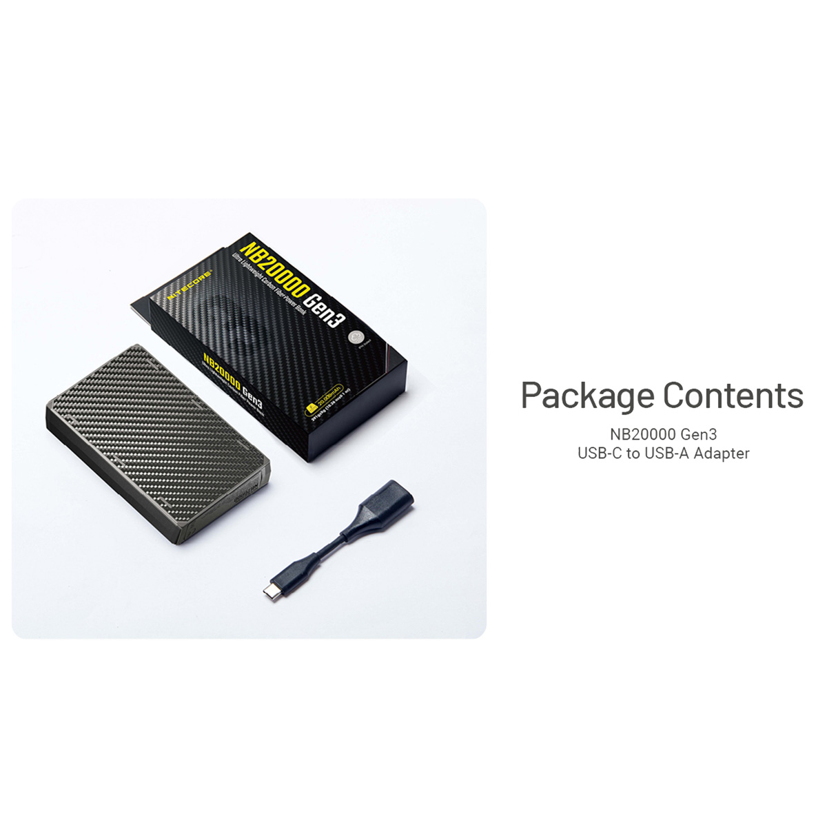 Productdoos met een powerbank en een USB-C-adapter.