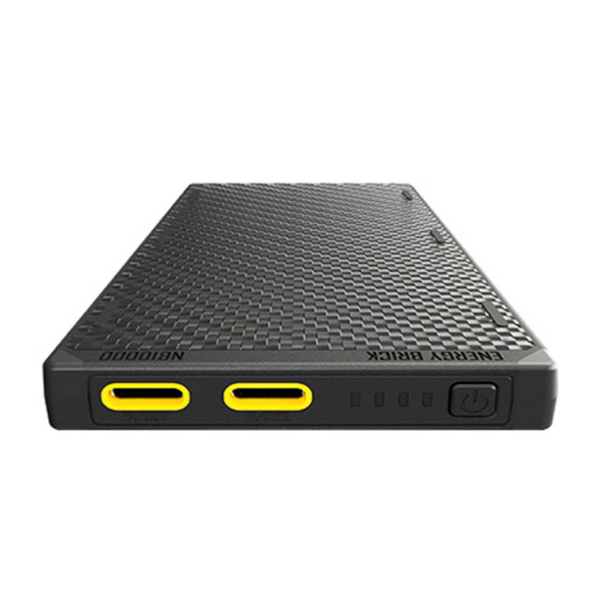 Zwarte powerbank met gele poorten en een aan/uitknop.