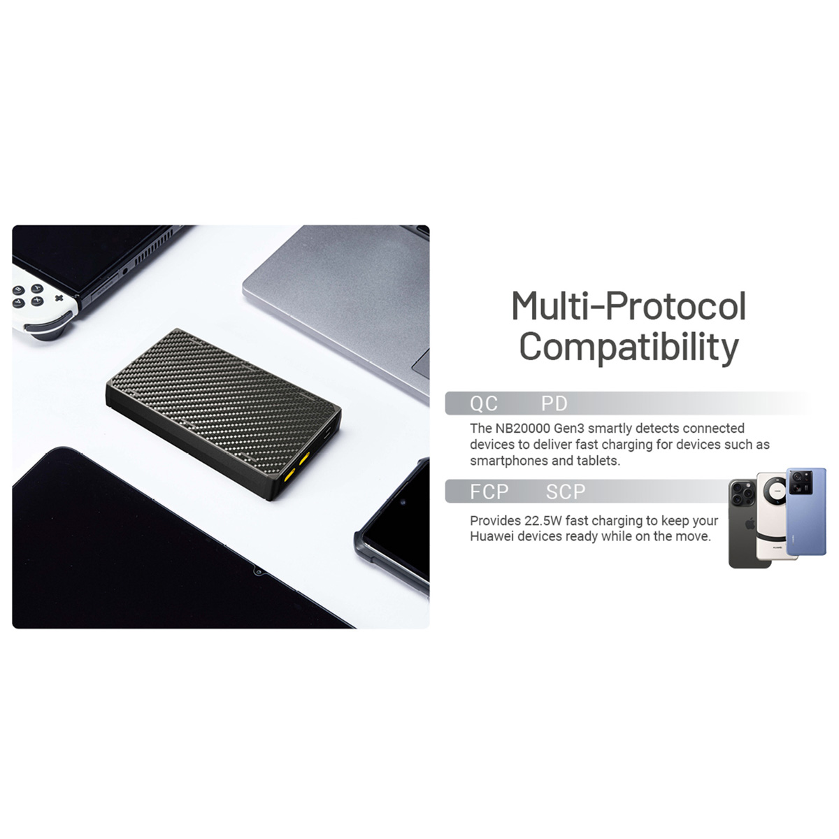 Een zwarte powerbank met koolstofvezeltextuur naast een laptop en telefoon. Tekst: Multi-Protocol Compatibiliteit.