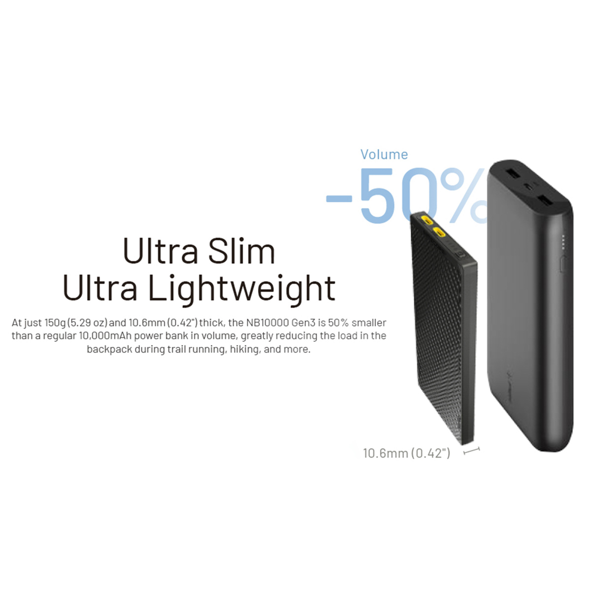 Twee zwarte powerbanks. Eén dunne, één normaal formaat. Tekst: Ultra slank, ultra lichtgewicht, met volumereductie.