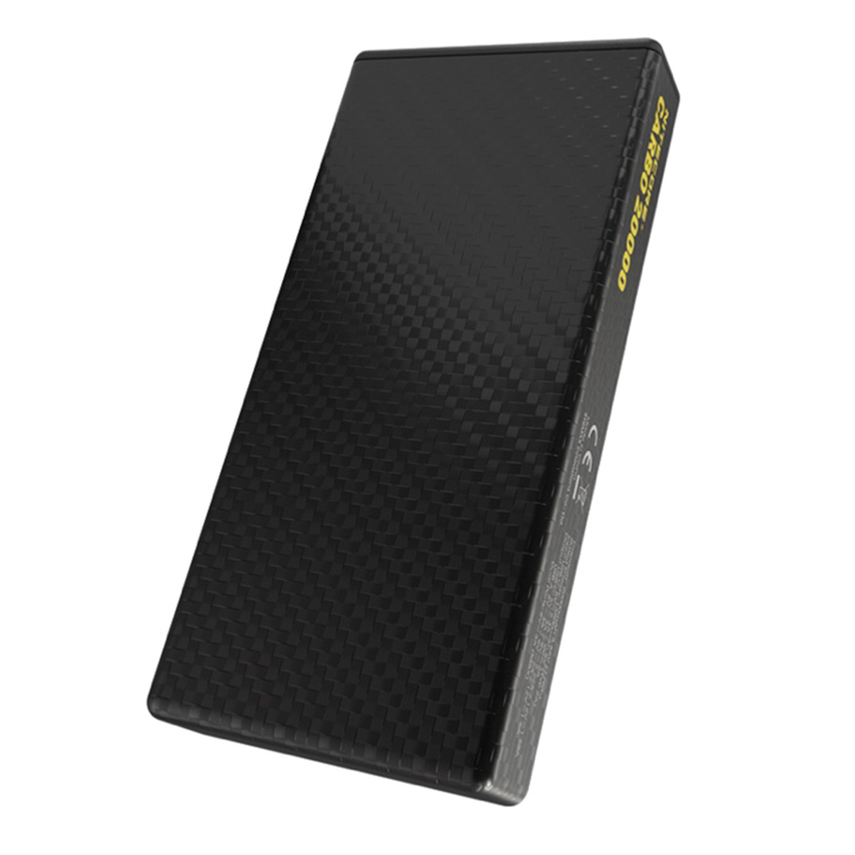 Een zwarte powerbank met een getextureerd oppervlak. De achtergrond is wit.