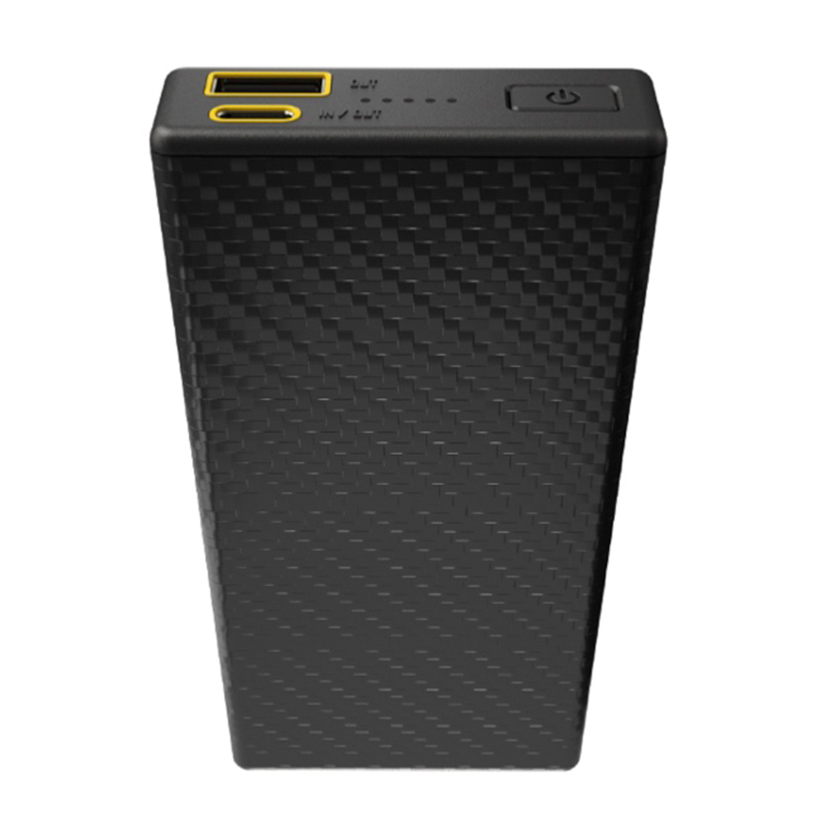 Zwarte powerbank met twee gouden poorten aan de bovenkant en een rastertextuur op het oppervlak.