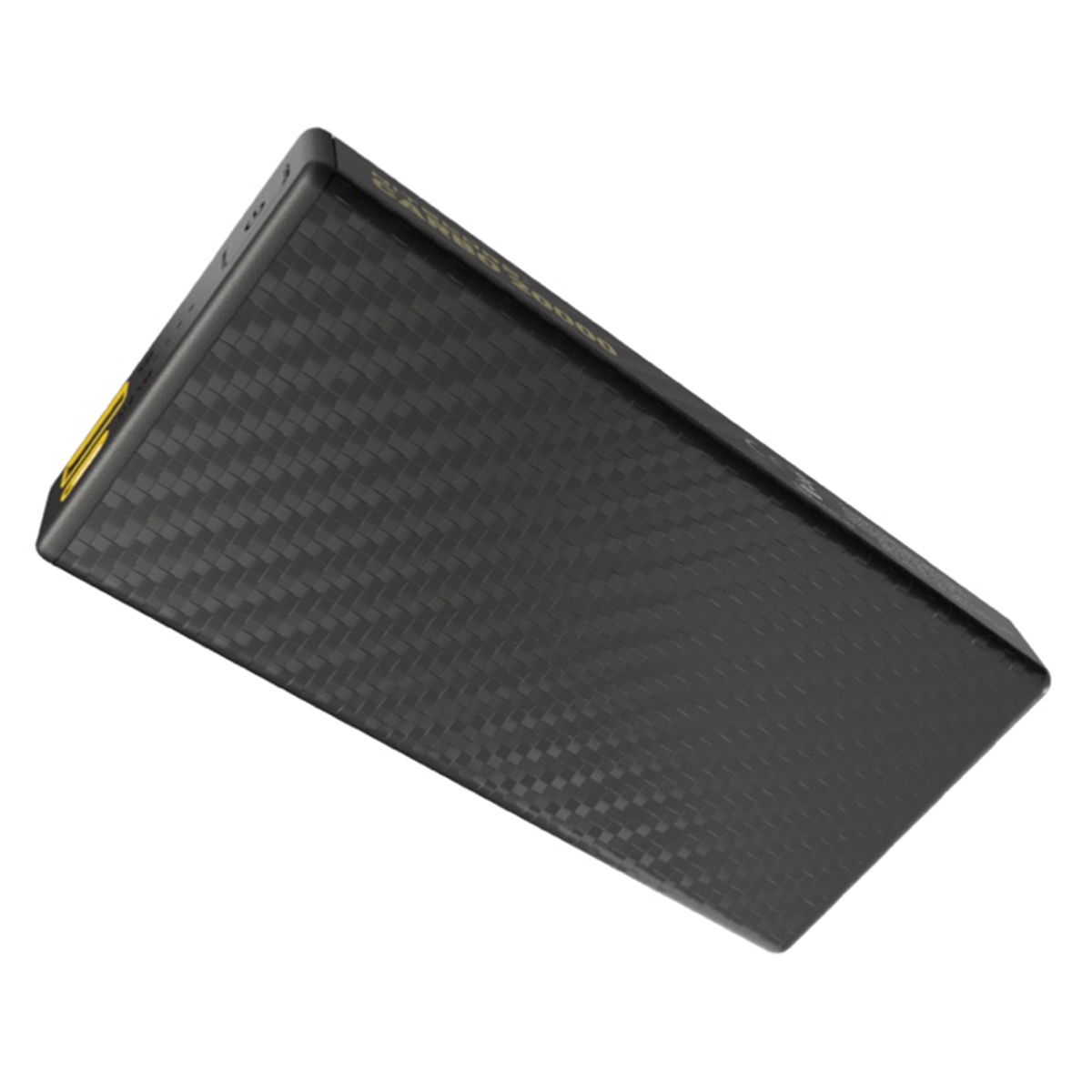 Zwarte rechthoekige powerbank met een getextureerd oppervlak. Gele tekst aan de zijkant.
