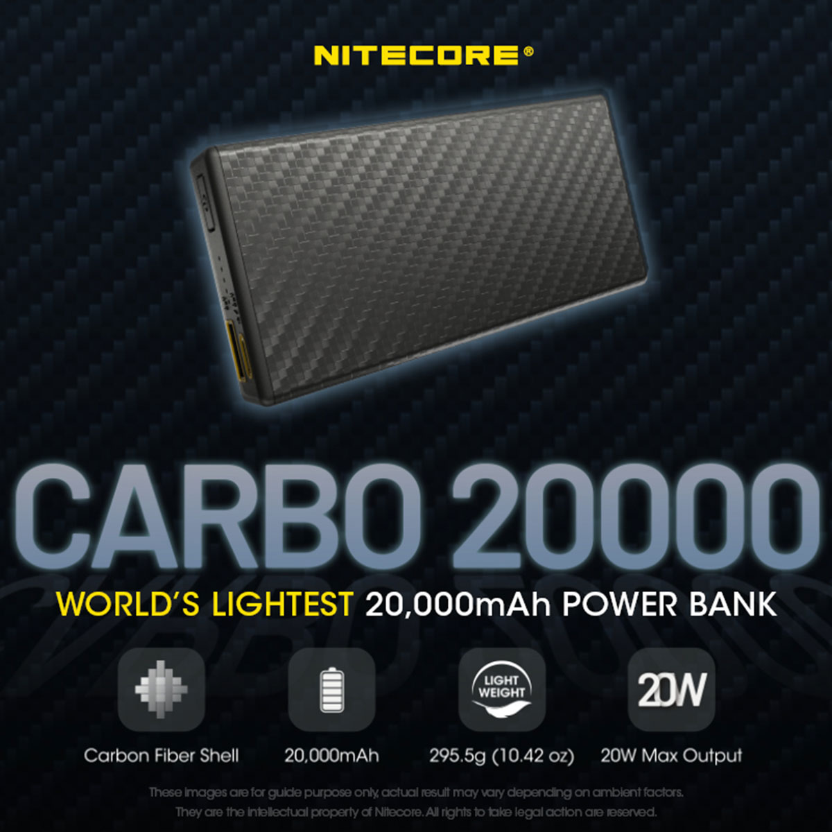 Zwarte powerbank met tekst en iconen, carbonvezel design.