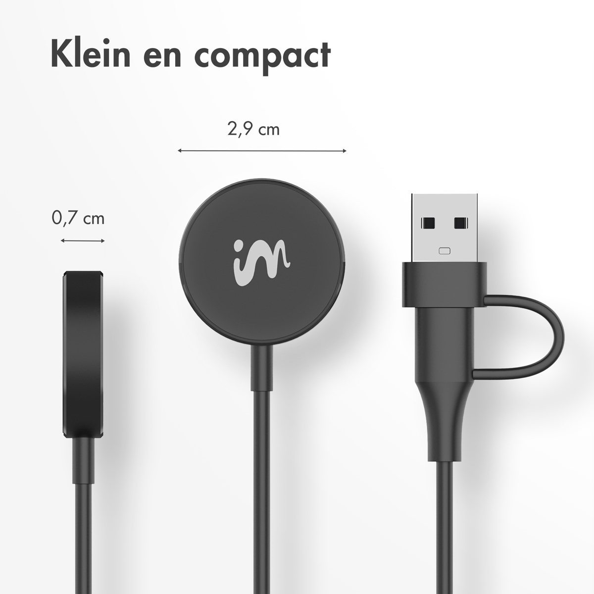 Black charging accessories with size measurements. Includes a circular charger and a USB cable.