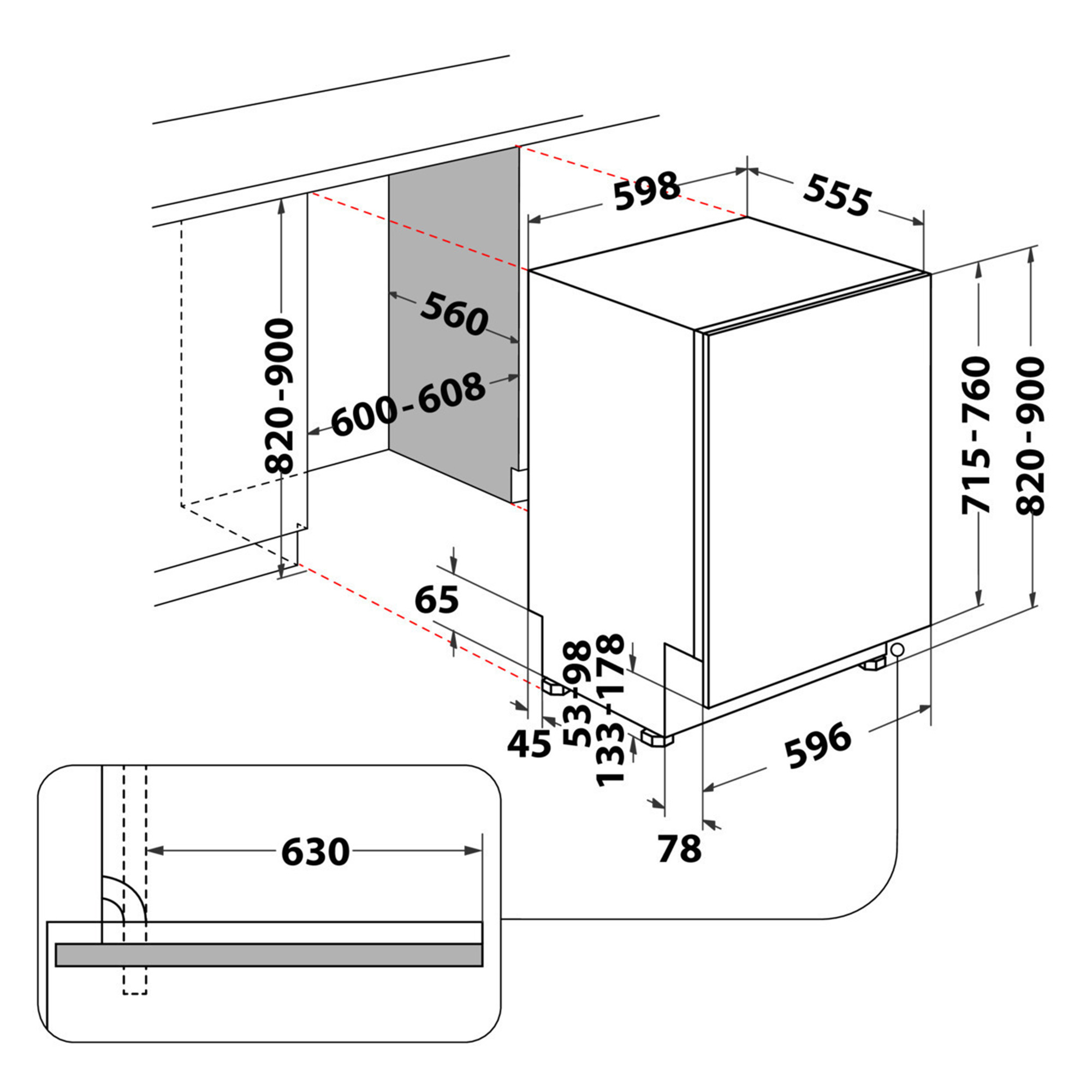 Diagramm eines Geschirrspülers. Zeigt Abmessungen, einschließlich Höhe, Breite und Tiefe, sowie Platzierungsdetails.