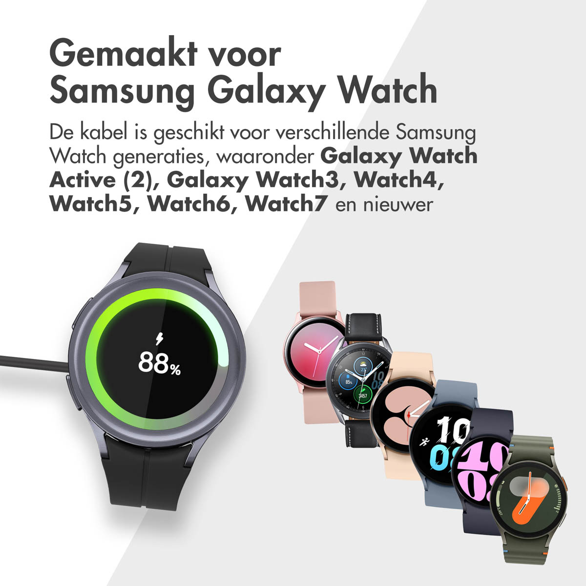 Une Samsung Galaxy Watch se chargeant sur un câble, affichant 88%. Autres modèles de montres à côté.