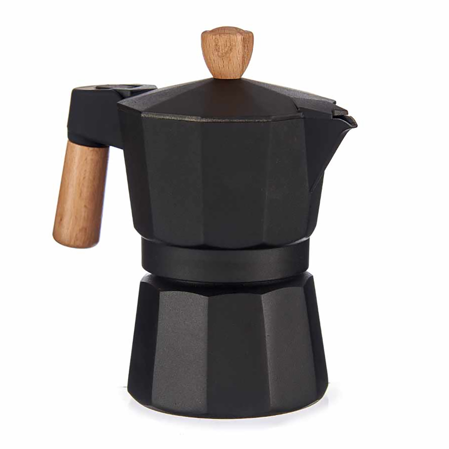 Schwarzer Espressokocher mit Holzgriff und -knauf, auf weißem Hintergrund.