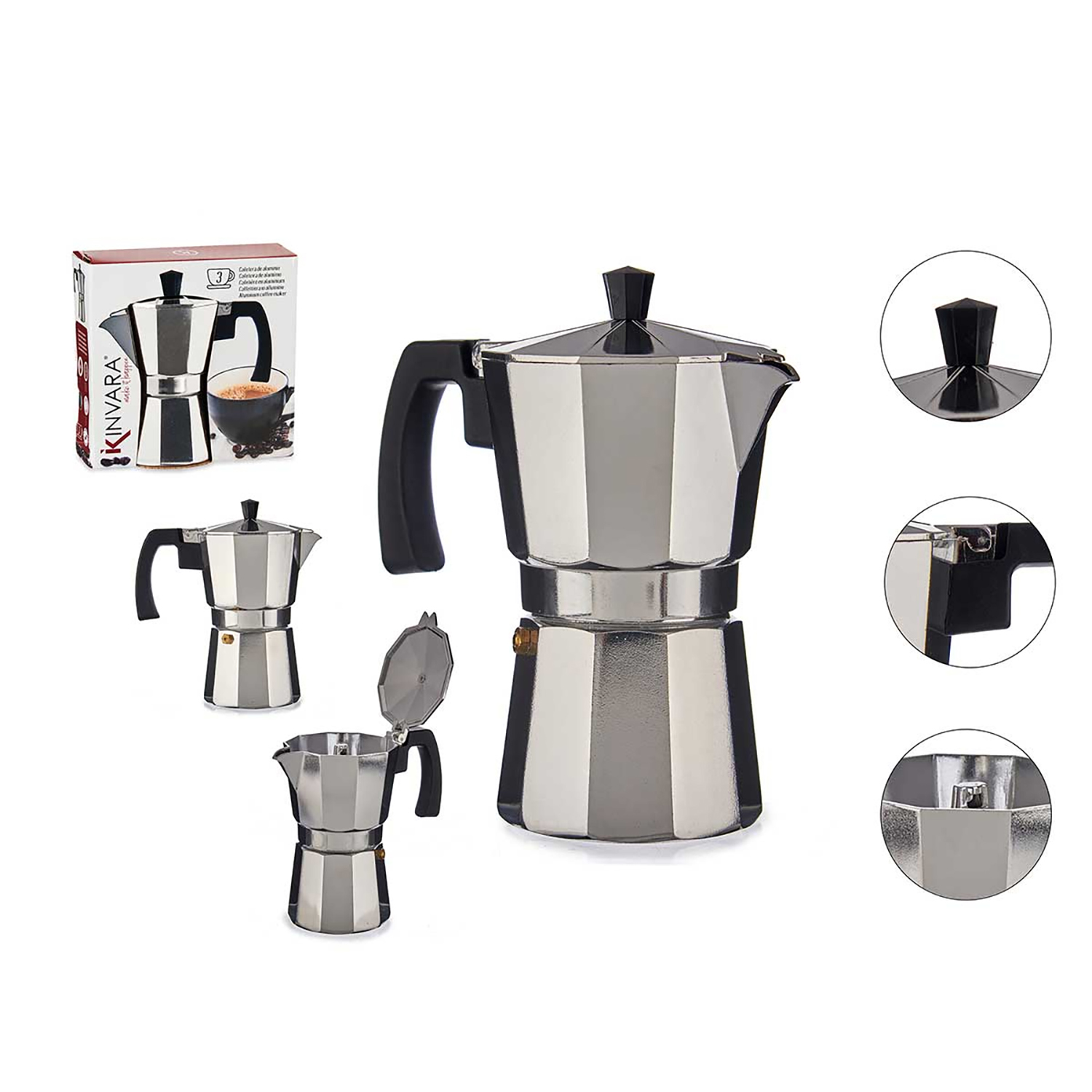 Moka-Kanne aus Edelstahl mit schwarzem Griff und Deckel, mit Box und Details auf Weiß.