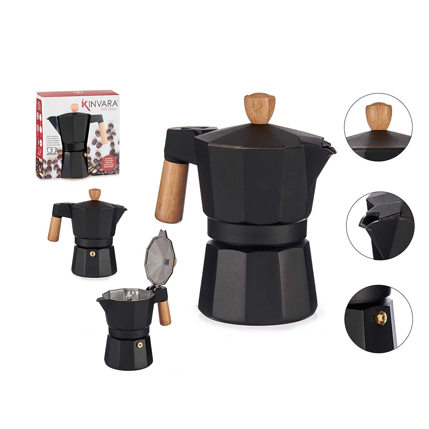 Schwarze Moka-Kanne mit Holzgriff, Deckel und Knopf. Kaffeebohnen und Schachtel im Hintergrund.