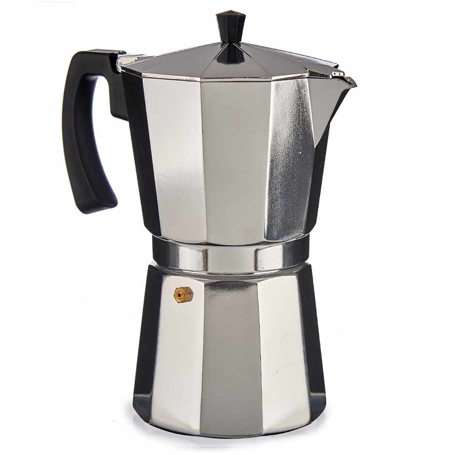 Cafetera exprés plateada brillante con mango y tapa negros, sobre fondo blanco.