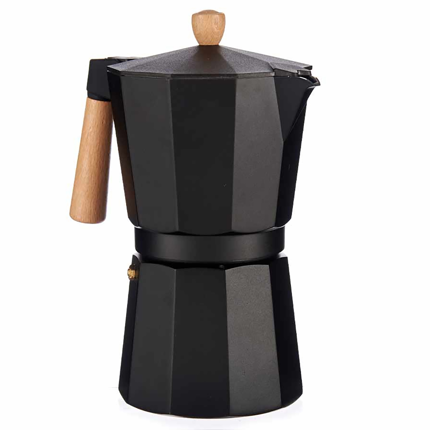 Schwarzer Espressokocher mit Holzgriff und Knopf. Isoliert auf weißem Hintergrund. Seitenansicht.
