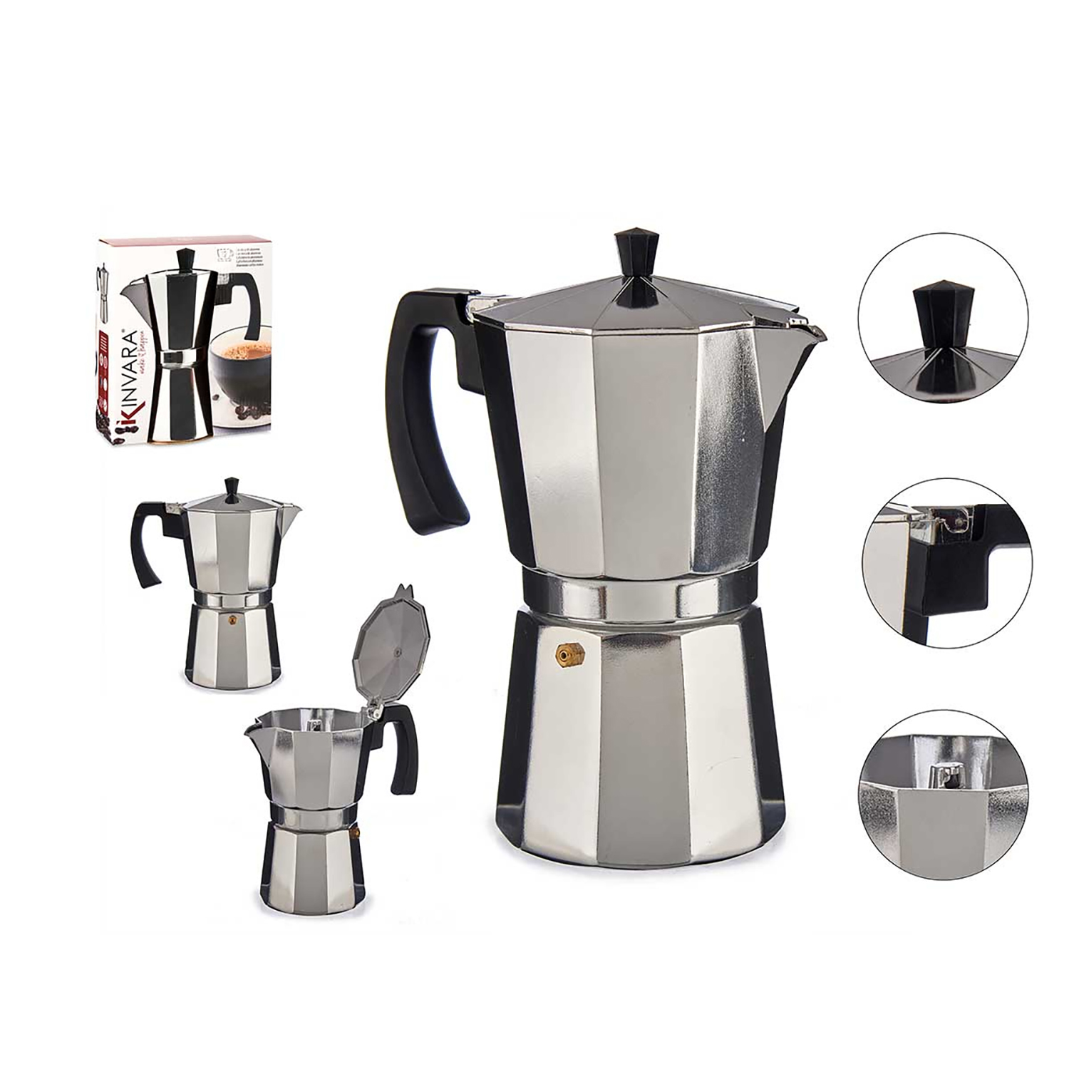 Cafetera exprés plateada con mango negro. Varias vistas, con caja y tomas de detalle.