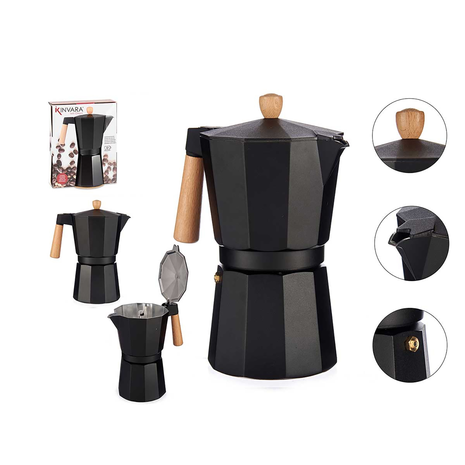 Schwarzer Kaffeebereiter. Mehrere Ansichten: montiert, zerlegt und Details von Deckel und Ausguss.