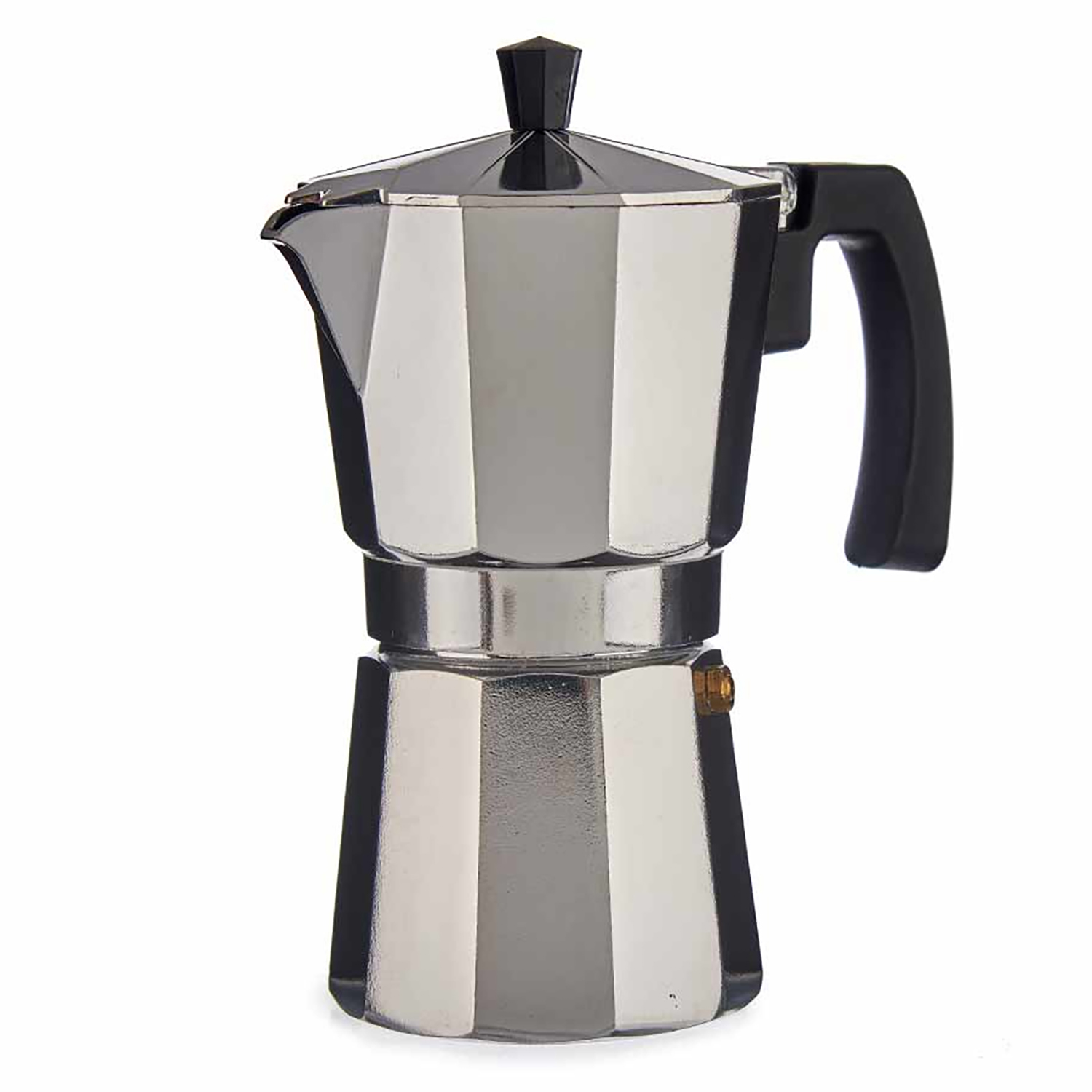 Cafetera exprés plateada. Tiene asa y pomo negros, sobre fondo blanco.