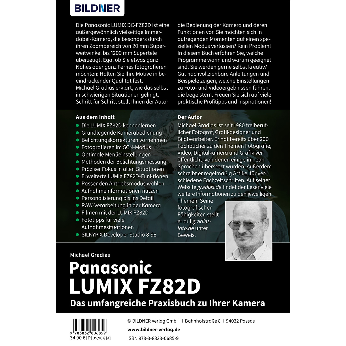 Buchcover: Michael Gradias, Panasonic LUMIX DC-FZ82D. Weißer Hintergrund, Text und Foto des Autors.