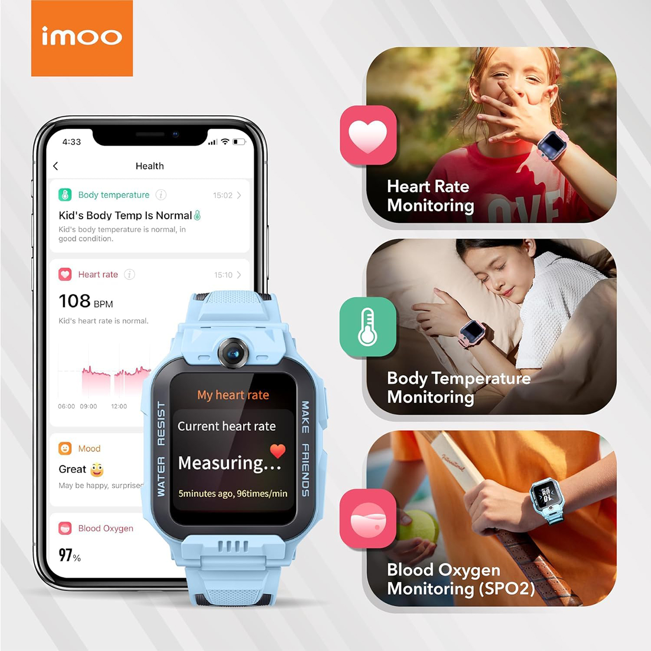 Smartwatch che mostra dati sanitari. Immagini aggiuntive con frequenza cardiaca, temperatura corporea e ossigeno nel sangue.