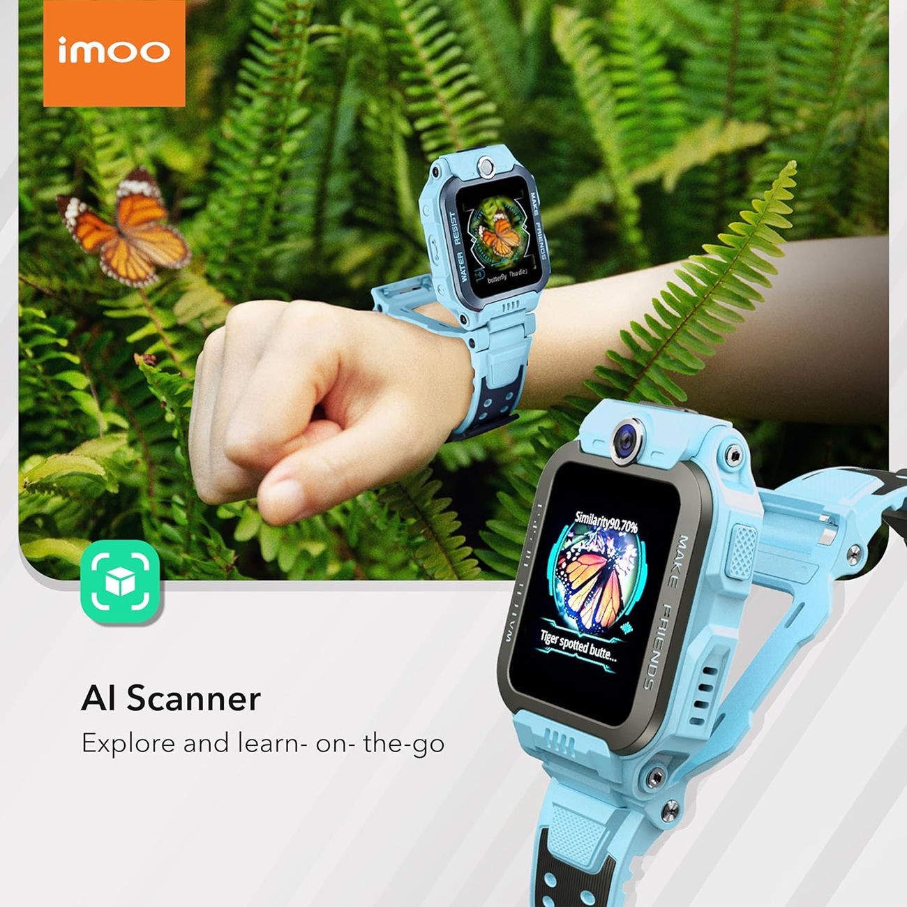 Uno smartwatch per bambini con schermo che mostra una farfalla, tenuto al polso con una farfalla sullo sfondo.