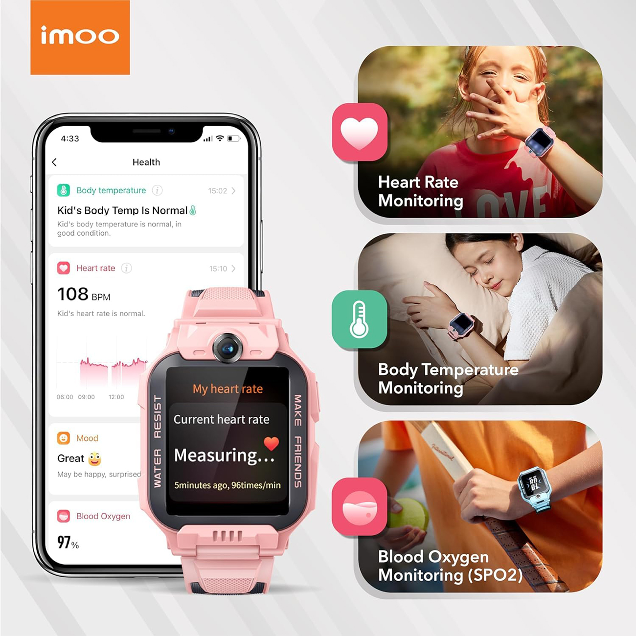 Eine Smartwatch mit Anzeige von Körpertemperatur, Herzfrequenz und Blutsauerstoffgehalt.