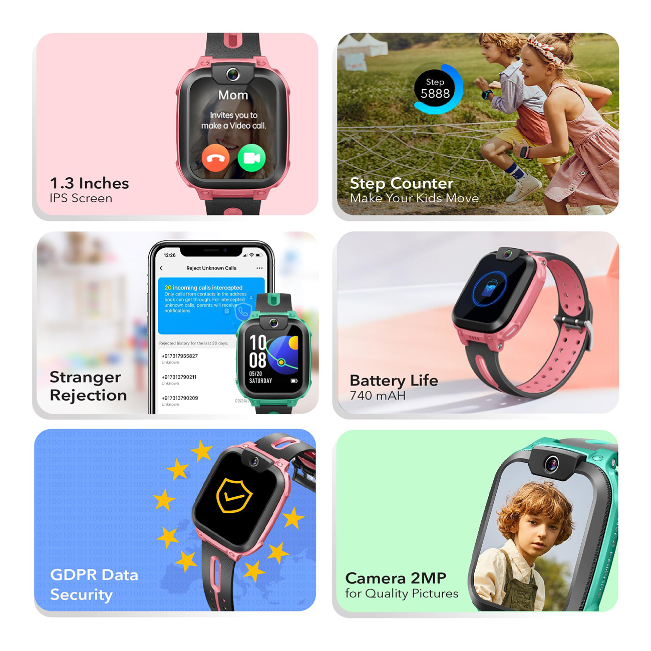 Uno smartwatch con cinturino rosa, che mostra Mamma ti invita a fare una videochiamata, e un bambino.
