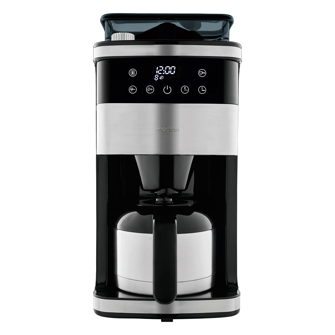 Czarny i srebrny ekspres do kawy Medion z cyfrowym wyświetlaczem, pokazującym czas i ustawienia.