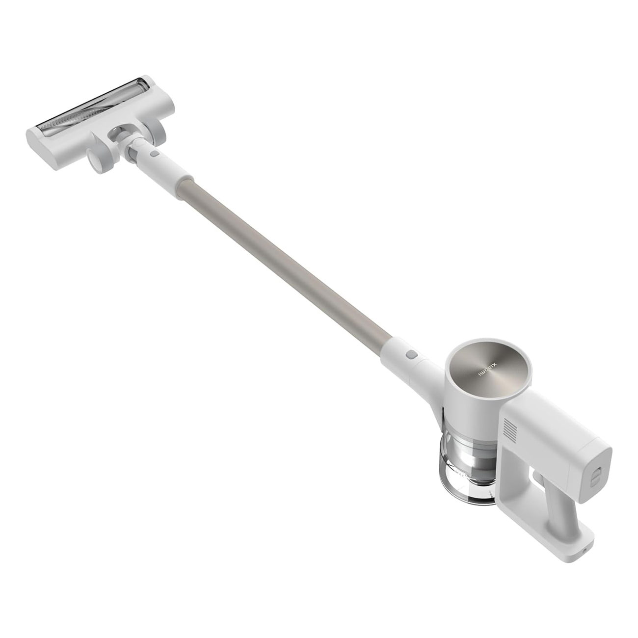 Biały i srebrny odkurzacz bezprzewodowy, pod kątem z góry.