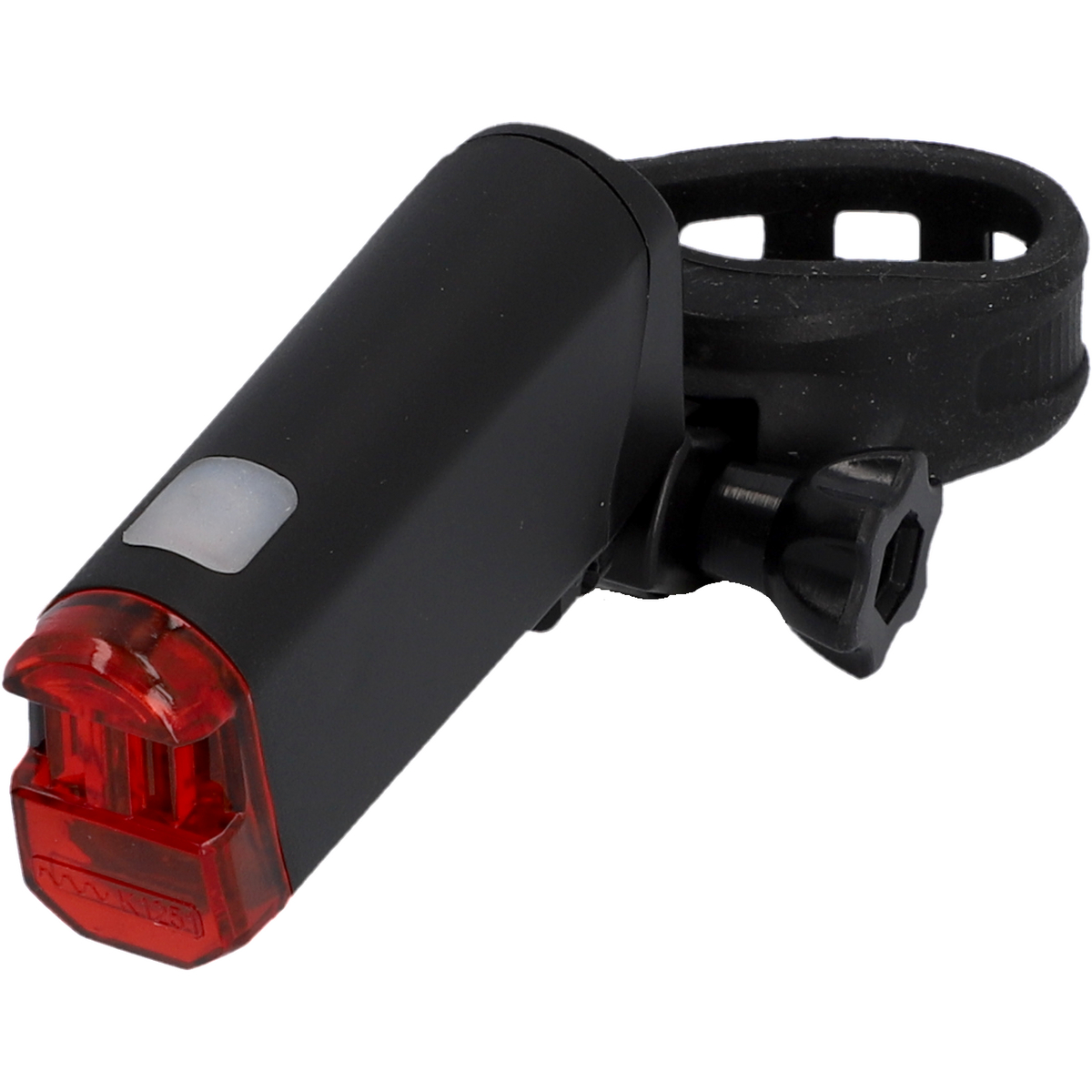 Ein schwarzes Fahrradlicht mit einem roten Reflektor und einem schwarzen Gummiband.