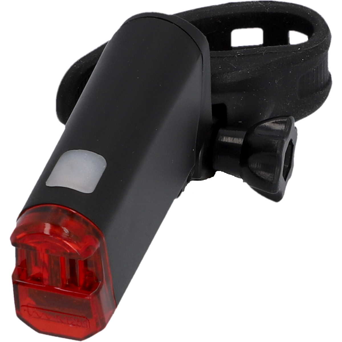 Schwarzes Fahrradlicht mit roter Linse und Halteriemen.