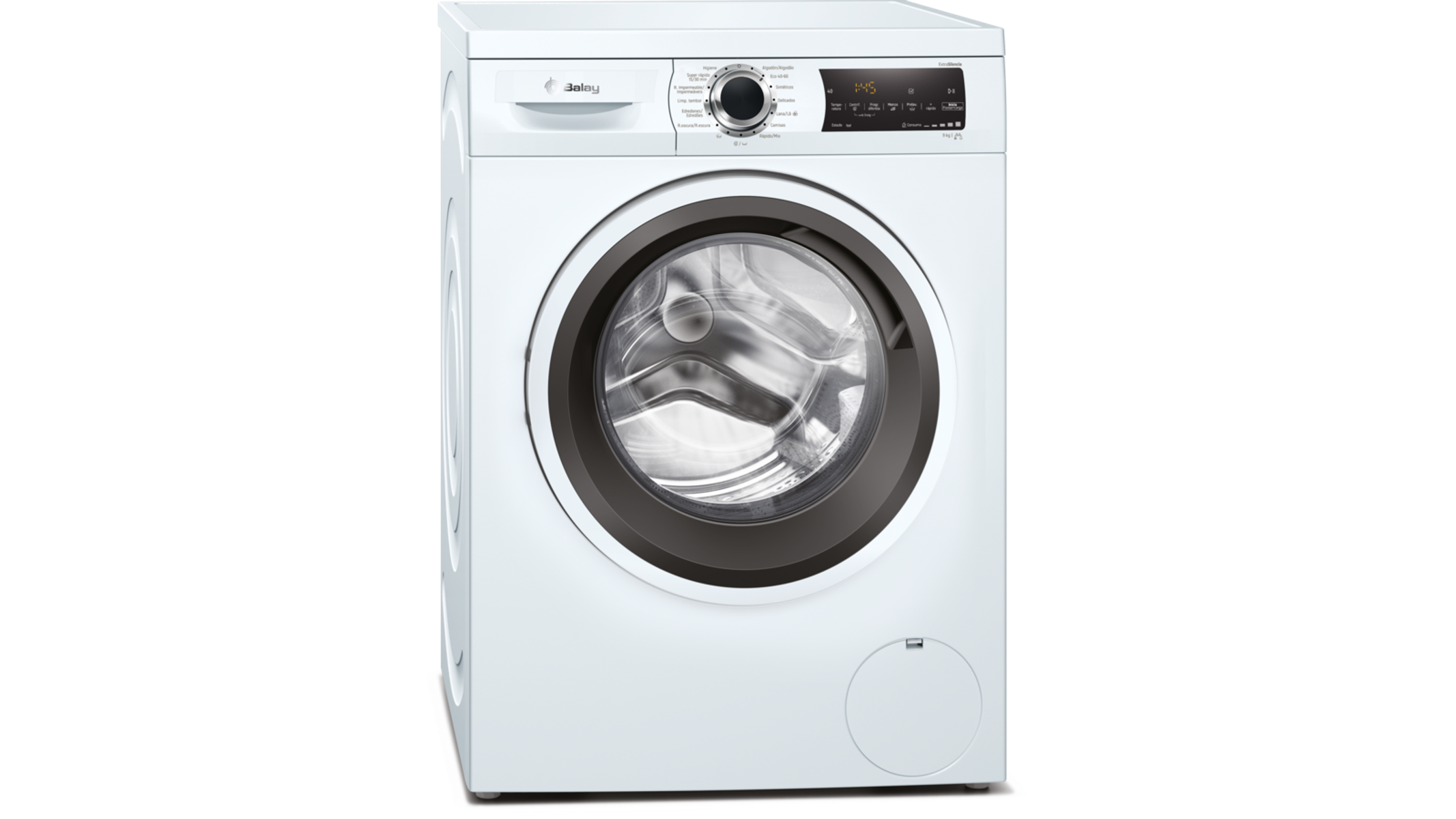 Biała pralka. Widoczny panel sterowania i drzwi, na czarnym tle.