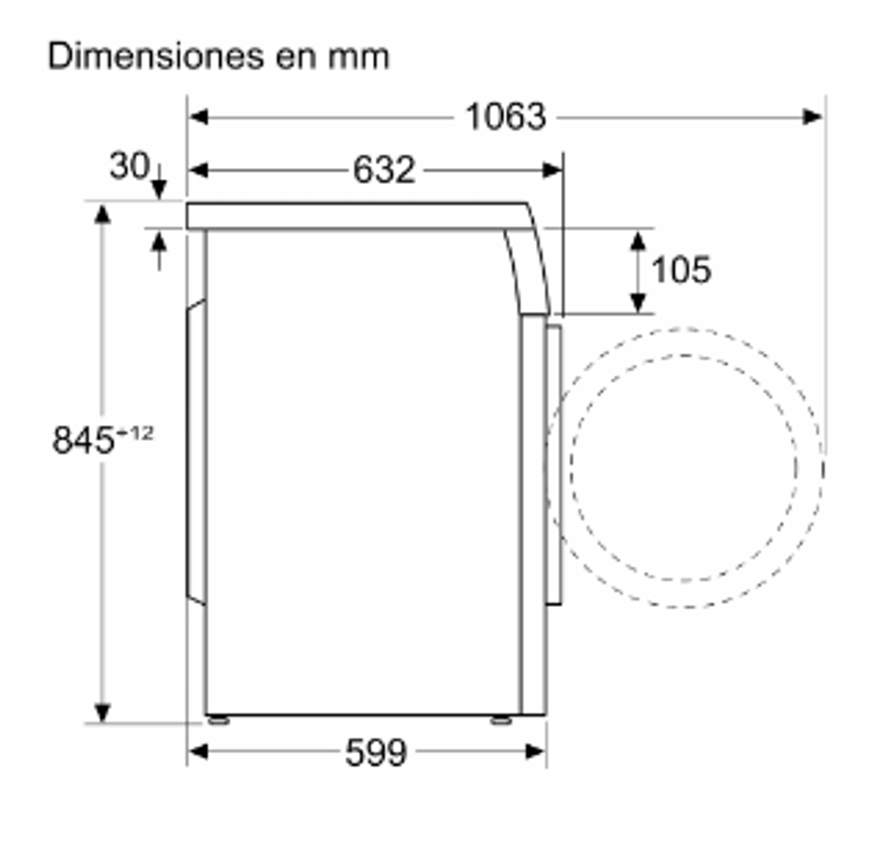 Rysunek techniczny pralki, z wymiarami w mm. Widok z boku i z góry z pomiarami.