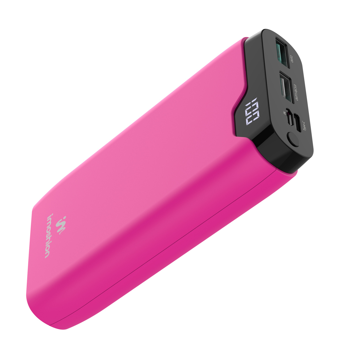 Pinkfarbene Powerbank mit digitaler Anzeige. Schwarze Anschlüsse und schwarze Akzente. Weißer Hintergrund.
