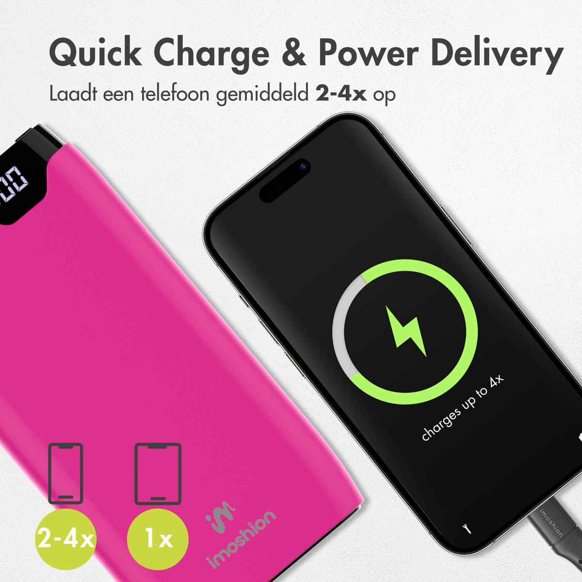 Eine pinke Powerbank, die ein schwarzes Telefon lädt. Der Bildschirm zeigt ein Ladesymbol. Text: Quick Charge & Power Delivery.