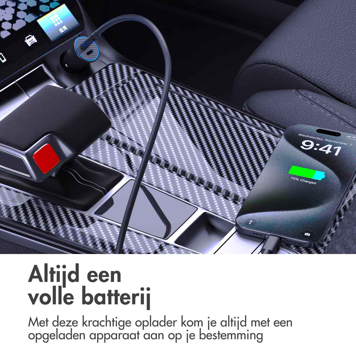 A phone charges in a car's console. The screen shows 75% charged.