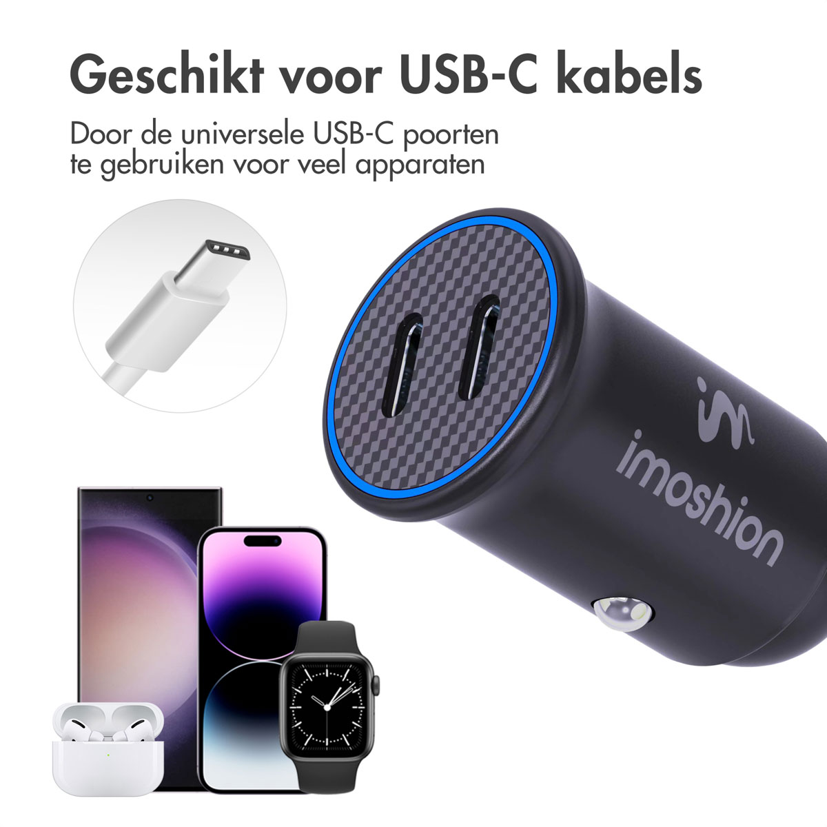 Black USB-C car charger with phone, watch, and AirPods.