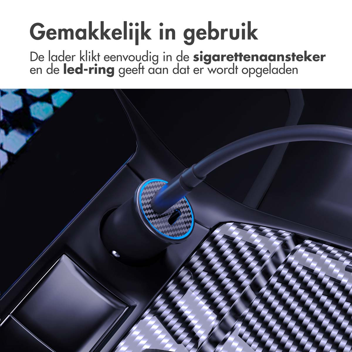 Black charging device plugged into a car, with a blue light on it.