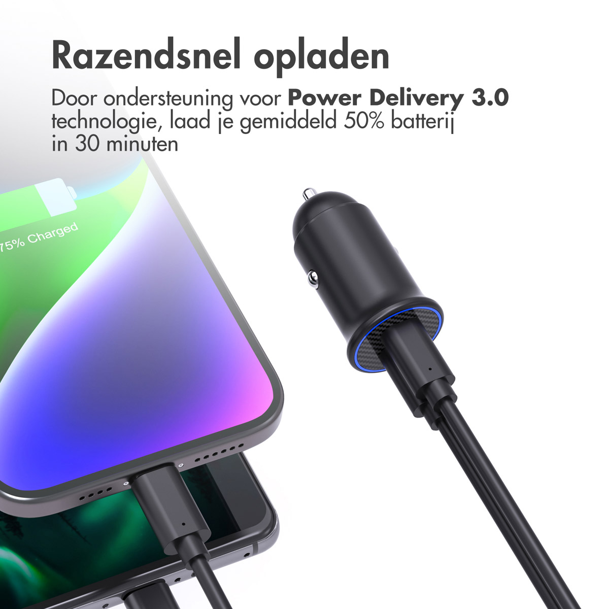 Phone charging. Black charger plugged into phone. Phone showing 75% charged. Black charger.
