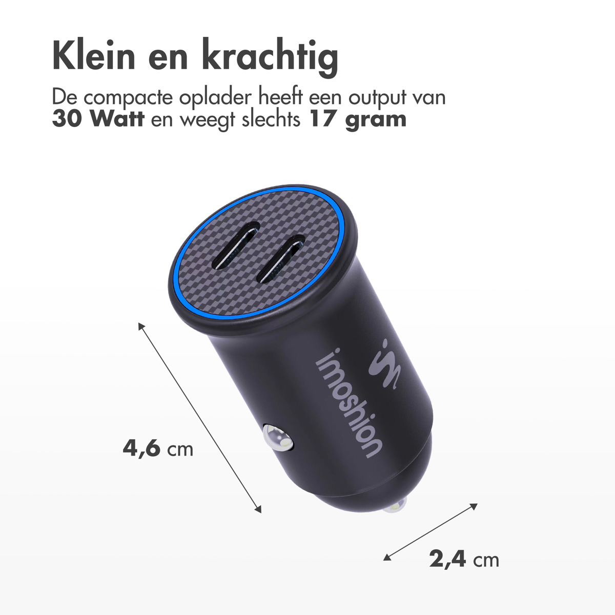 Black car charger with a blue ring and measurements. Has two USB ports.