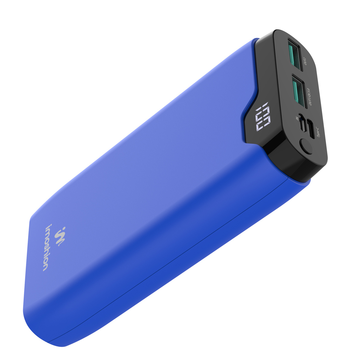 Blaue Powerbank mit Digitalanzeige, schwarzem Oberteil und zwei Ausgängen. Sie ist abgewinkelt.