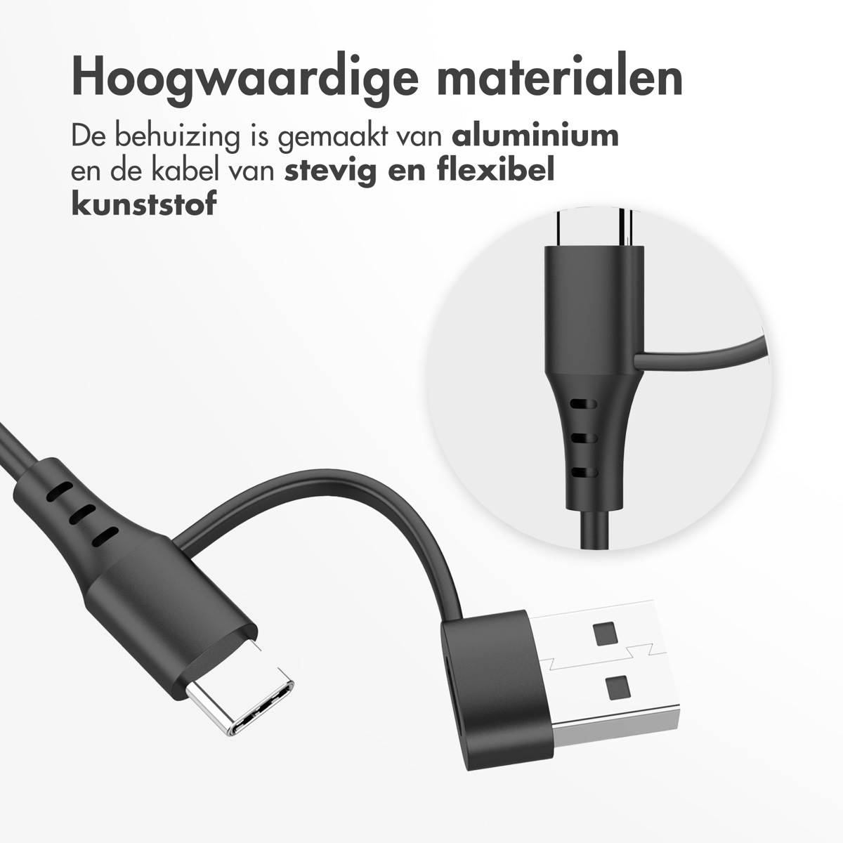 USB-C-kabel met een USB-A-connector. De kabel is zwart en heeft een close-up van de connectoren.