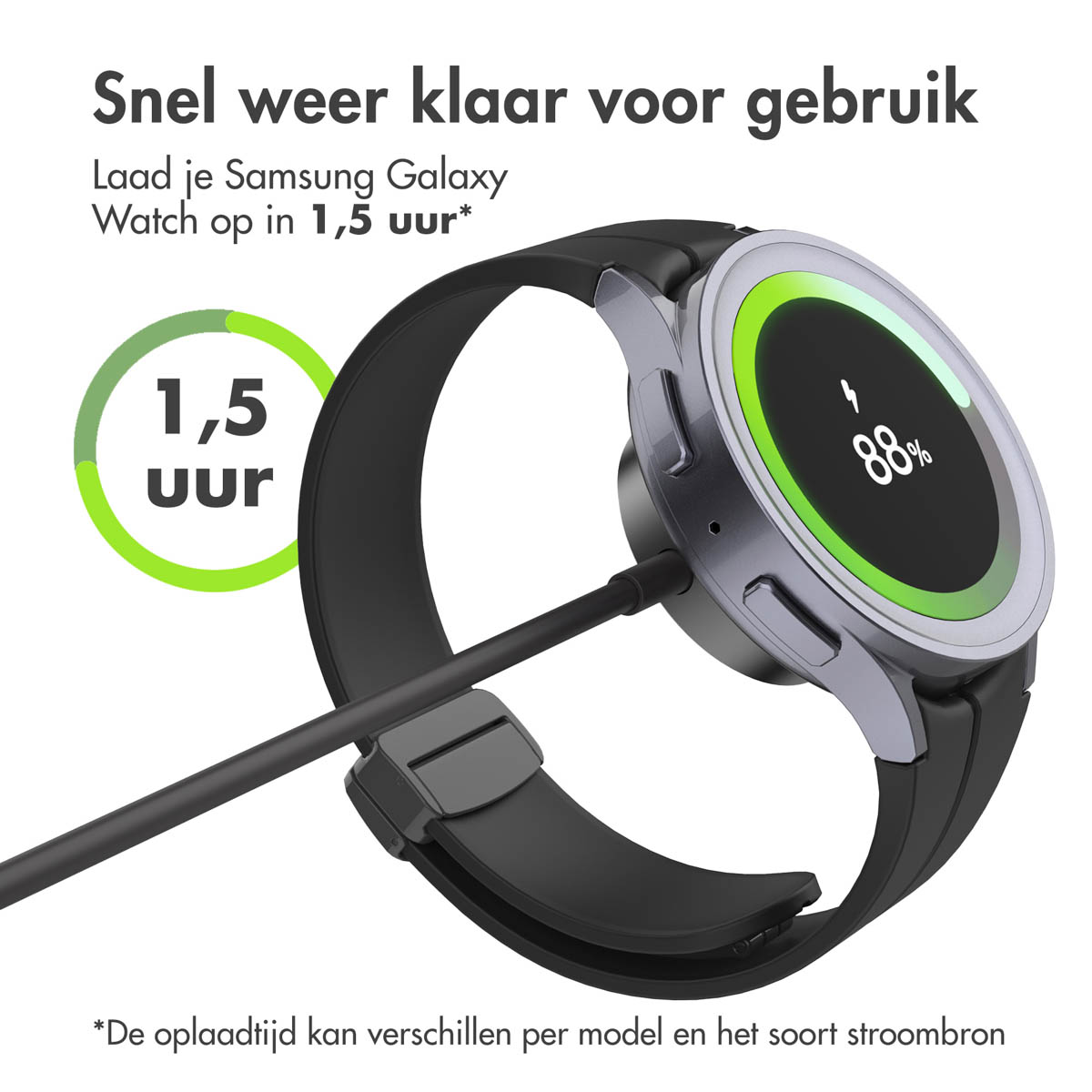 Een smartwatch wordt opgeladen, met 88% opgeladen.