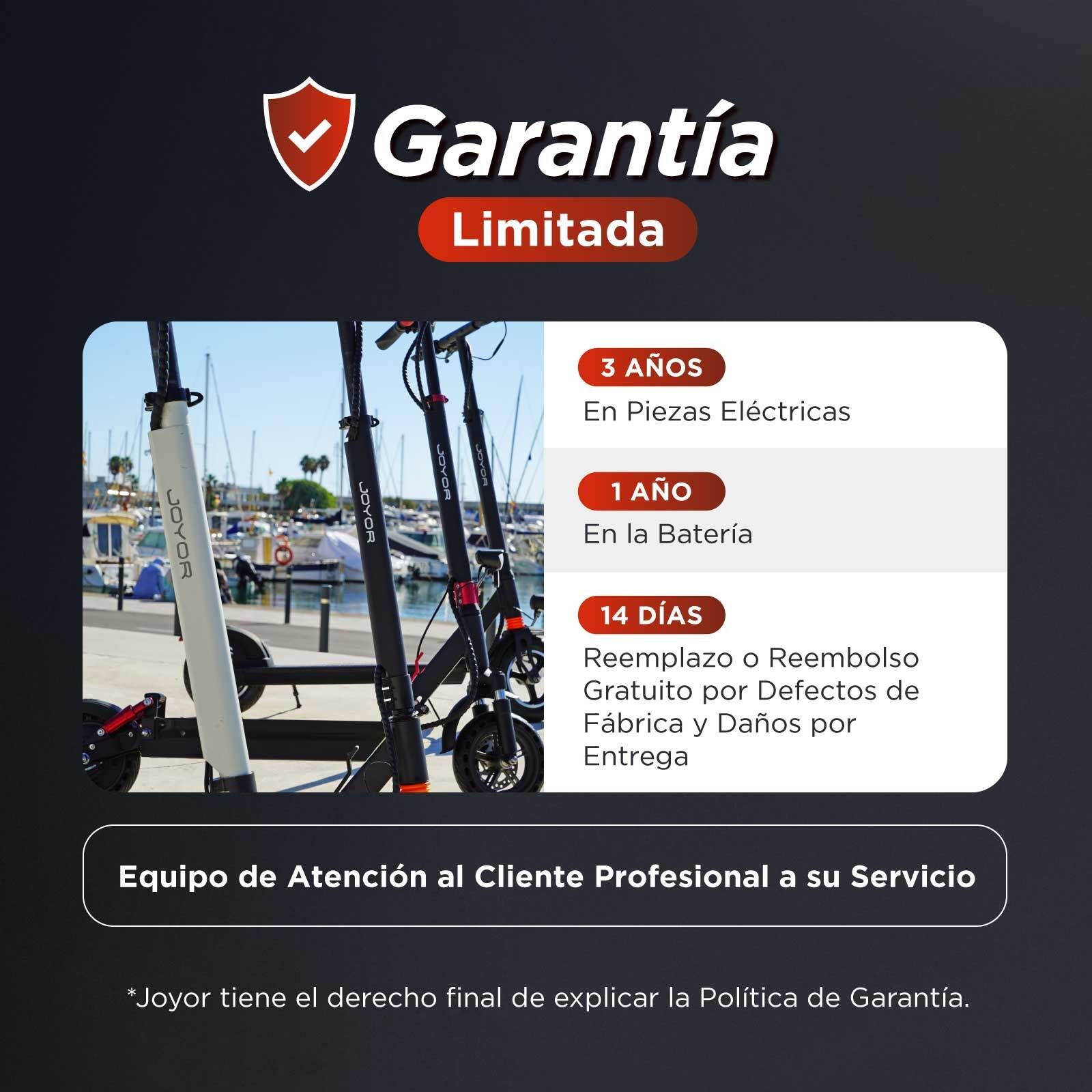 Información de garantía para patinetes Joyor, incluyendo años y detalles.