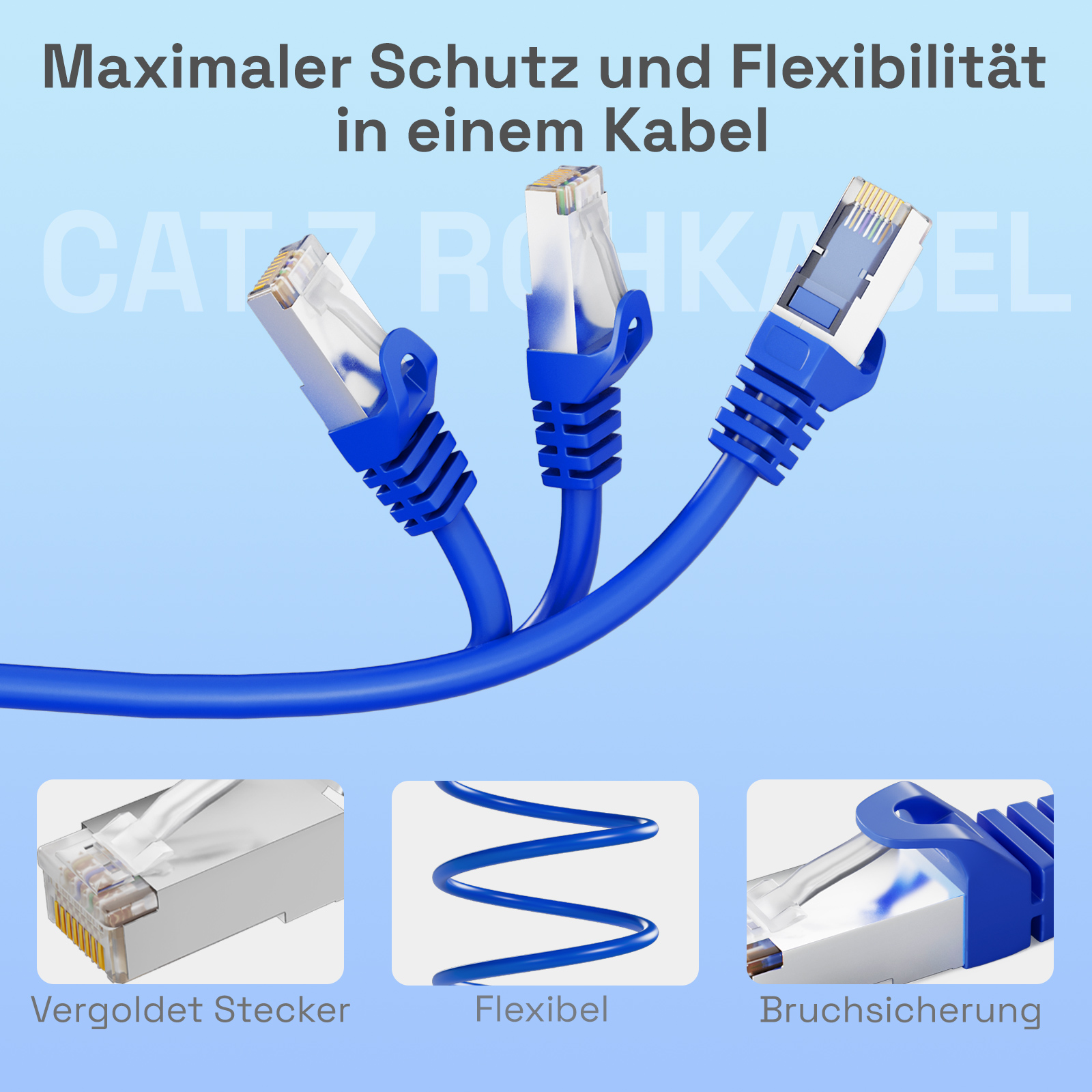 Blaue Netzwerkkabel mit Steckern und Icons zu Funktionen: Gold, flexibel und Bruchschutz.