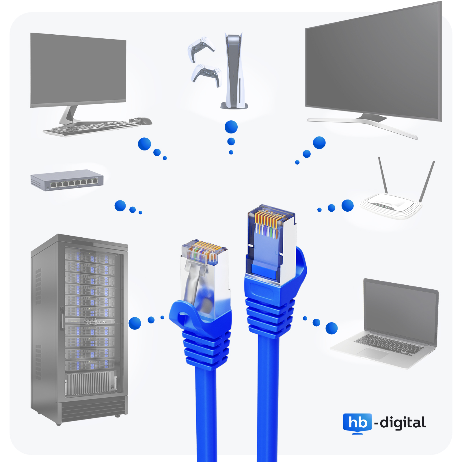 Zwei blaue Netzwerkkabel mit transparenten Steckern und verschiedene Netzwerkgeräte in einem Tech-Setup.