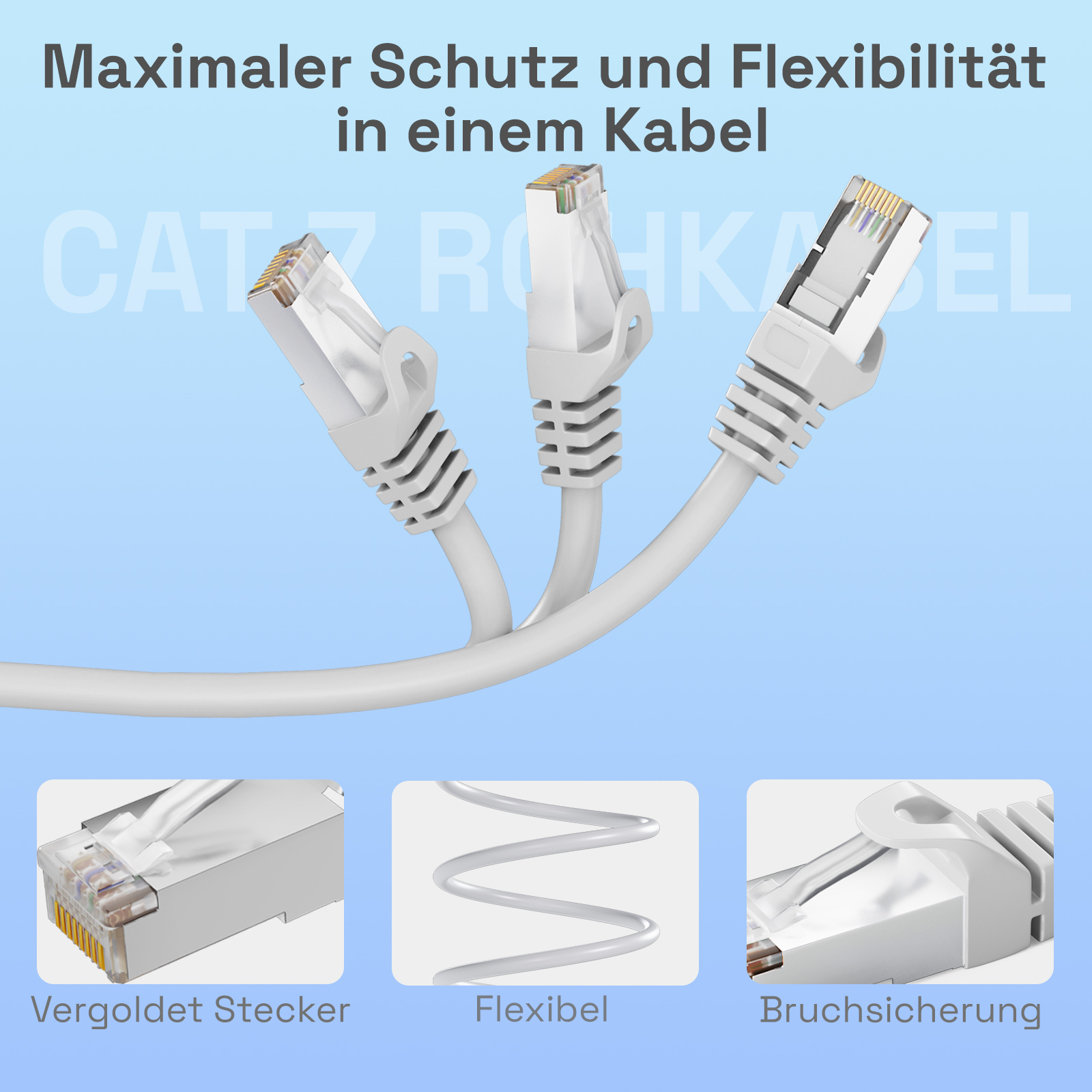 Drei weiße Ethernet-Kabel mit Goldsteckern.