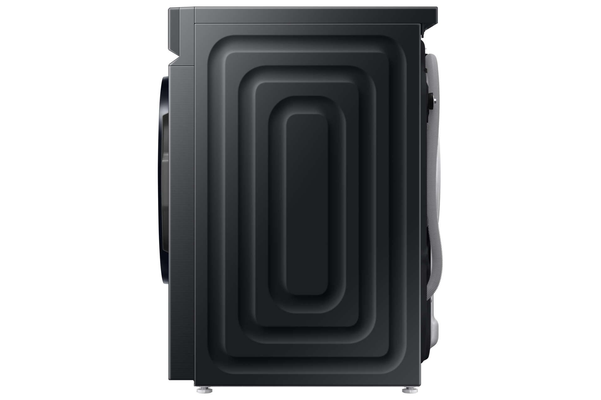 Schwarze Waschmaschinenrückseite, mit geschwungenem Design und weißem Hintergrund.