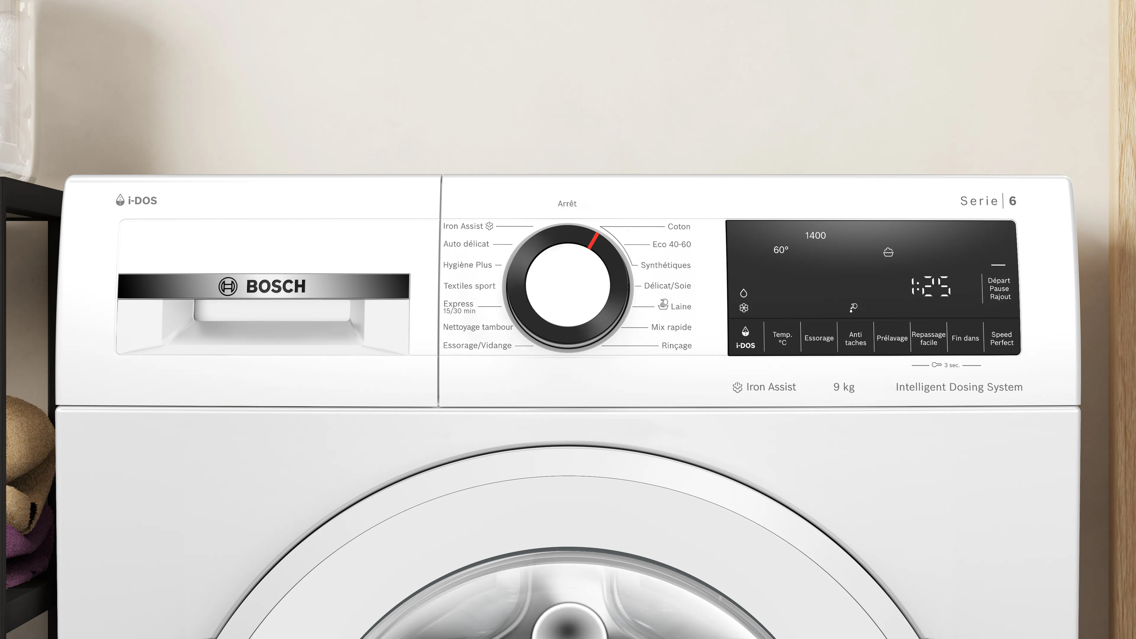 A white Bosch washing machine's front view, with a control panel and round door.