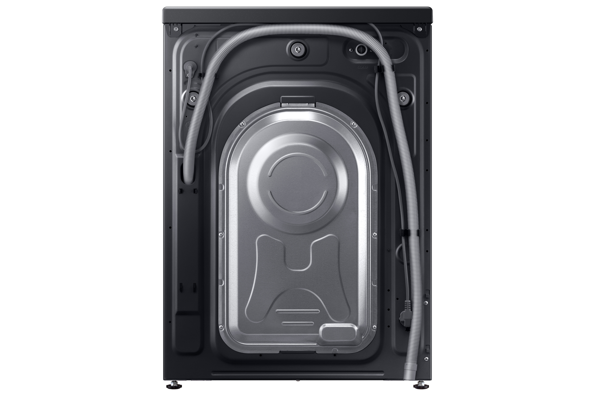 Tył czarnej pralki z wężami i metalowym panelem.