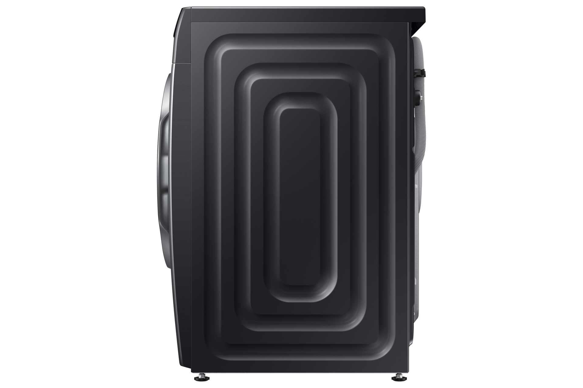 Czarna pralka, widok z boku, z teksturowanym panelem tylnym i małymi nóżkami.